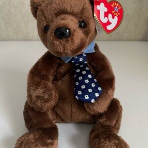 Ty Beanie Baby Hero Brown Bear with Patterned Blue Tie